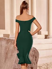 一字肩荷葉邊魚尾裙下擺緊身洋裝 - 綠色 - 查看 2