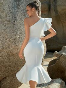 Một bờ vai Viền Ruffle Bao bên Tiệc cốc tai Váy bodycon - trắng - Xem 2