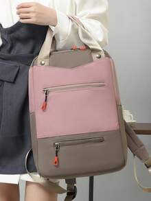 Two Tone Laptop Backpack Casual Multi Zipper - Pink - View 5