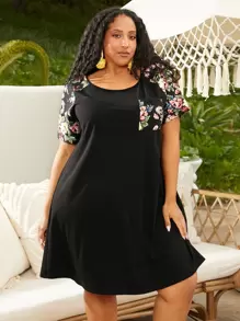 SHEIN CURVE+ 大碼印花補丁貼口袋T恤洋裝 - 黑色 - 查看 7