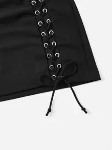 SHEIN PETITE Váy nữ Ren lên Thùa khuyết màu trơn Gợi cảm - màu đen - Xem 5