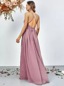 Vestido con escote en pico y abertura en el muslo con estampado de lunares suizos - Púrpura malva - Ver 3