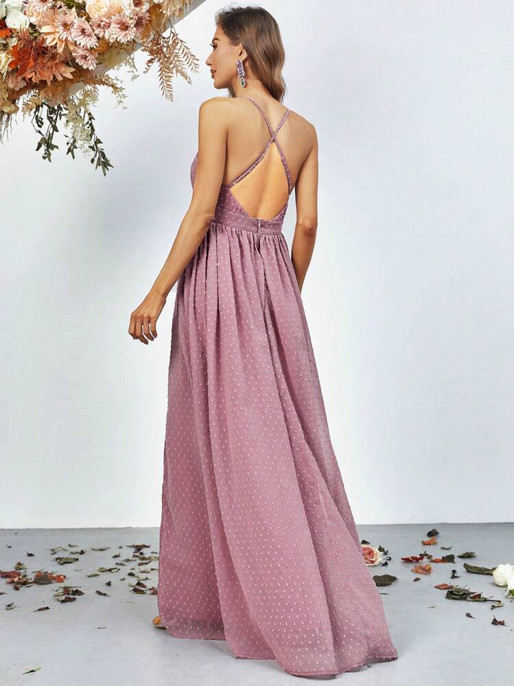 Swiss Dot Plunge Neck Split Thigh Maxi Dress - Mauve Purple - View 3
