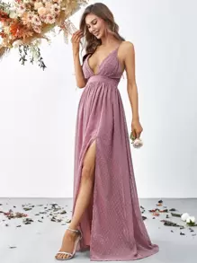 Vestido con escote en pico y abertura en el muslo con estampado de lunares suizos - Púrpura malva - Ver 6