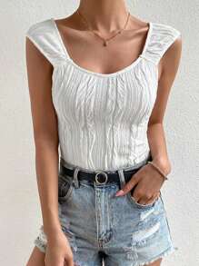 SHEIN Frenchy Solid Scoop Neck Wide Straps Top - White - View 5