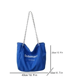 字母圖案購物袋帆布大容量 - 藍色 - 查看 3