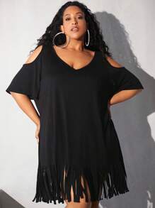 SHEIN CURVE+ Plus Cold Shoulder Fringe Hem Dress - Black - View 2