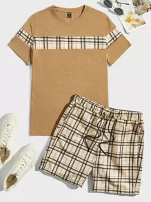 GENTILAND Men Plaid Print Tee & Drawstring Waist Shorts - Multicolor - View 1