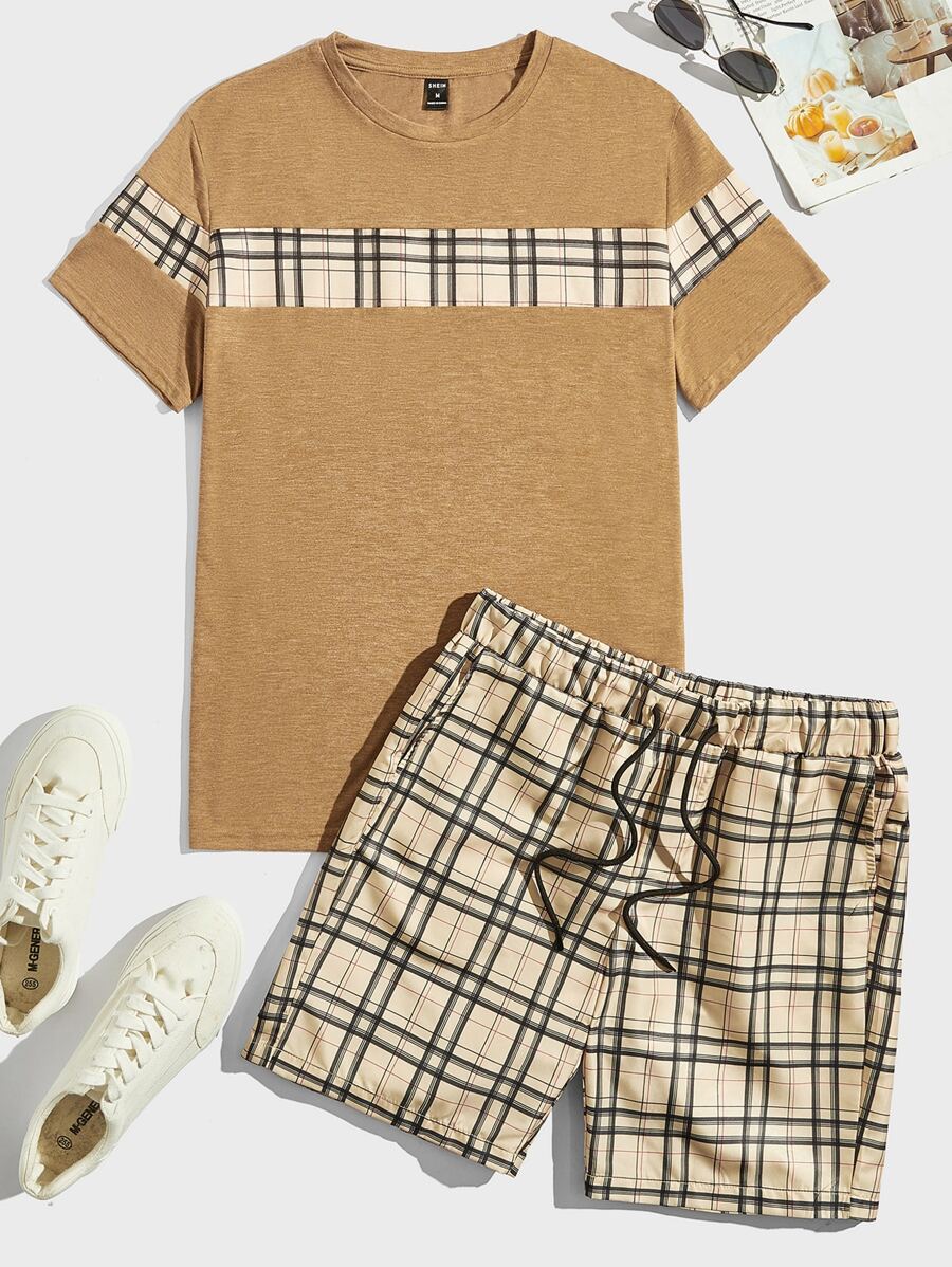 GENTILAND Men Plaid Print Tee & Drawstring Waist Shorts - Multicolor - View 1