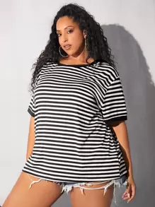 SHEIN CURVE+ 夏季加大条纹印花落肩 T 恤 - 黑與白 - 查看 4