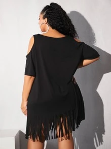 SHEIN CURVE+ Plus Cold Shoulder Fringe Hem Dress - Black - View 3