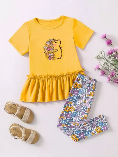 SHEIN Vintaside Kids Young Girl Hedgehog & Floral Print Ruffle Hem Tee & Leggings Summer Holiday