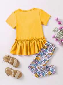 SHEIN Vintaside Kids Young Girl Hedgehog & Floral Print Ruffle Hem Tee & Leggings Summer Holiday - Yellow - View 2