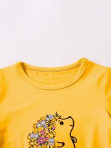 SHEIN Vintaside Kids Young Girl Hedgehog & Floral Print Ruffle Hem Tee & Leggings Summer Holiday - Yellow - View 3