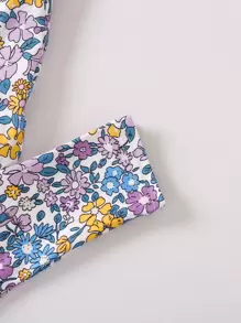 SHEIN Vintaside Kids Young Girl Hedgehog & Floral Print Ruffle Hem Tee & Leggings Summer Holiday - Yellow - View 4