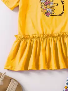 SHEIN Vintaside Kids Young Girl Hedgehog & Floral Print Ruffle Hem Tee & Leggings Summer Holiday - Yellow - View 5