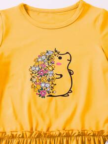 SHEIN Vintaside Kids Young Girl Hedgehog & Floral Print Ruffle Hem Tee & Leggings Summer Holiday - Yellow - View 6