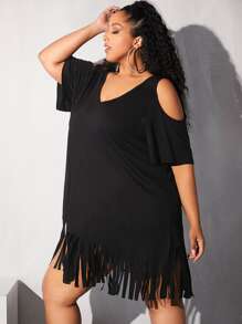 SHEIN CURVE+ Plus Cold Shoulder Fringe Hem Dress - Black - View 4