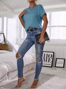 SHEIN LUNE Áo thun nữ màu trơn Giải trí - Màu xanh lam - Xem 4