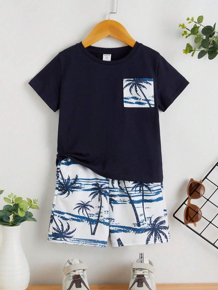 SHEIN Toddler Boys Palm Tree Print Patched Pocket Tee & Shorts - Blue and White - View 1