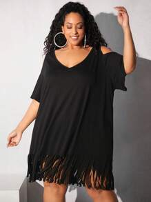 SHEIN CURVE+ Plus Cold Shoulder Fringe Hem Dress - Black - View 5