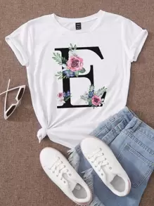 SHEIN LUNE 花卉和字母圖案T恤 - 白色 - 查看 1