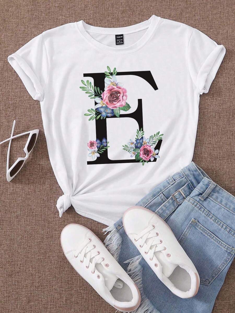 SHEIN LUNE 花卉和字母圖案T恤 - 白色 - 查看 1