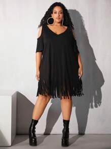 SHEIN CURVE+ Plus Cold Shoulder Fringe Hem Dress - Black - View 6
