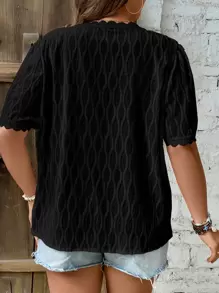 Calvaya 大碼蕾絲拼接泡泡袖襯衫 - 黑色 - 查看 2