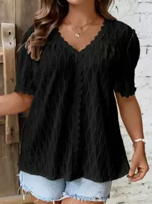 Calvaya 大碼蕾絲拼接泡泡袖襯衫 - 黑色 - 查看 3