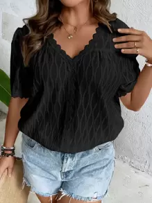 Calvaya 大碼蕾絲拼接泡泡袖襯衫 - 黑色 - 查看 4