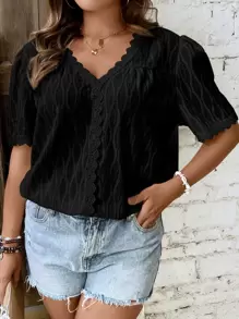 Calvaya 大碼蕾絲拼接泡泡袖襯衫 - 黑色 - 查看 5