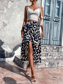SHEIN LUNE Allover Print Knot Side Wrap Hem Skirt - Navy Blue - View 3