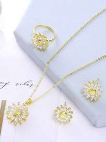 4pcs Luxury Zirconia Sunflower Earrings, Necklace, Ring Jewelry Set For Women, Wedding - Yellow Gold - View 1