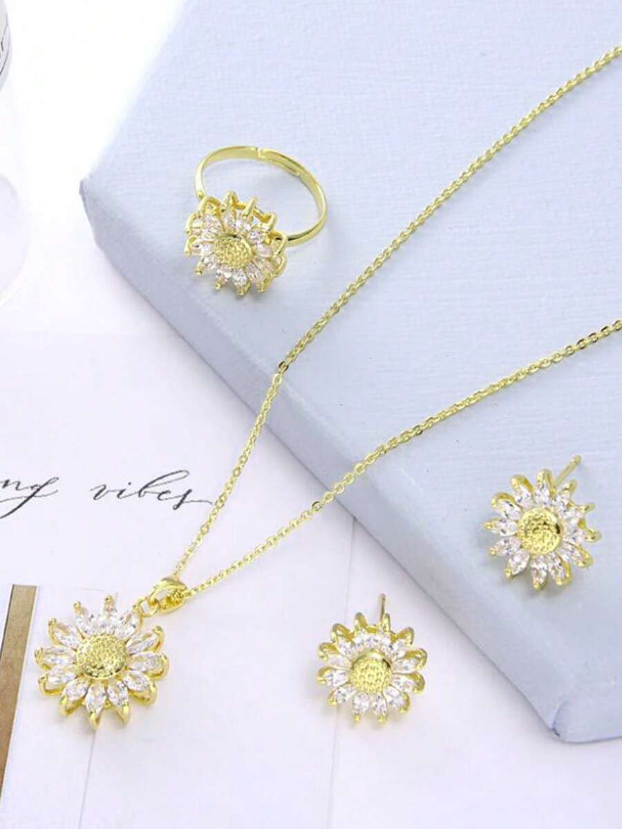 4pcs Luxury Zirconia Sunflower Earrings, Necklace, Ring Jewelry Set For Women, Wedding - Yellow Gold - View 1