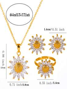 4pcs Luxury Zirconia Sunflower Earrings, Necklace, Ring Jewelry Set For Women, Wedding - Yellow Gold - View 3