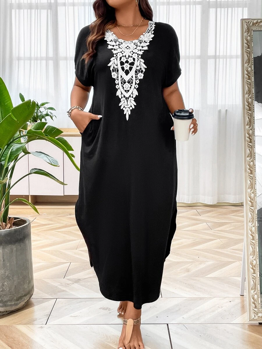 SHEIN LUNE 大碼拼接水溶蕾絲蝙蝠袖隱藏口袋連衣裙 - 黑色 - 查看 1