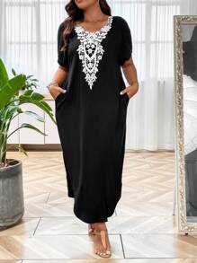 SHEIN LUNE 大碼拼接水溶蕾絲蝙蝠袖隱藏口袋連衣裙 - 黑色 - 查看 3