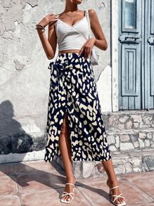SHEIN LUNE Allover Print Knot Side Wrap Hem Skirt - Navy Blue - View 6