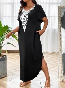 SHEIN LUNE 大碼拼接水溶蕾絲蝙蝠袖隱藏口袋連衣裙 - 黑色 - 查看 4