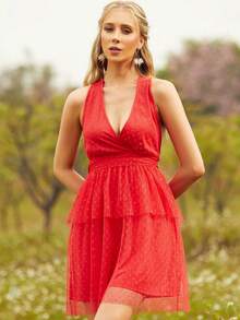 S BETRO Đầm Lộ Lưng phân lớp Buộc lại màu trơn Gợi cảm - Đỏ - Xem 5