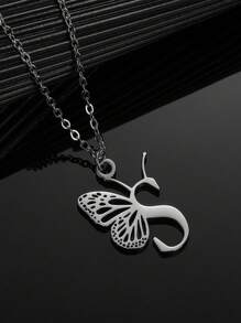 1入組時尚不銹鋼蝴蝶和字母吊墜項鏈適合女士日常裝飾 - 銀色 - 查看 1