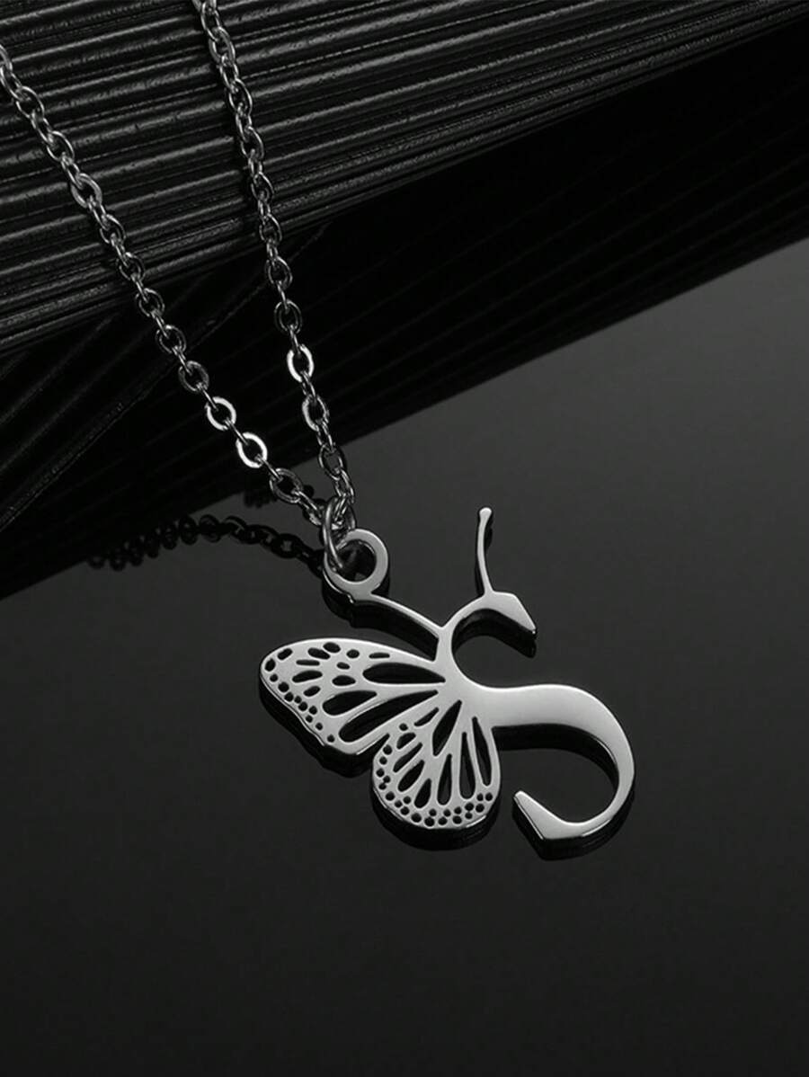 1入組時尚不銹鋼蝴蝶和字母吊墜項鏈適合女士日常裝飾 - 銀色 - 查看 1