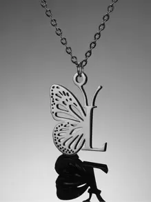 1入組時尚不銹鋼蝴蝶和字母吊墜項鏈適合女士日常裝飾 - 銀色 - 查看 6