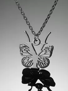 1入組時尚不銹鋼蝴蝶和字母吊墜項鏈適合女士日常裝飾 - 銀色 - 查看 5