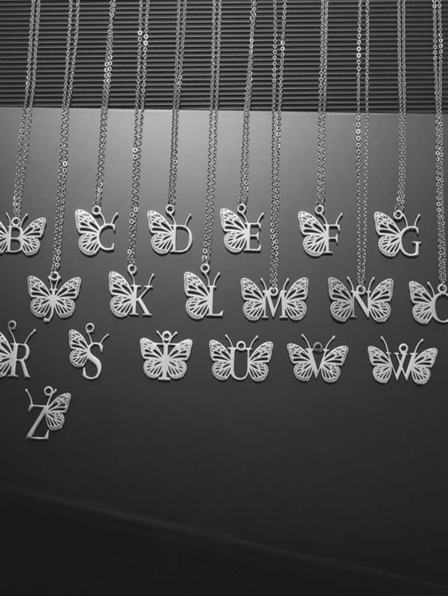 1 Dây Thép Không Gỉ Thời Trang Bướm & Chữ Cái Vòng Cổ Cho Nữ Trang Trí Hàng Ngày - Bạc - Xem 1