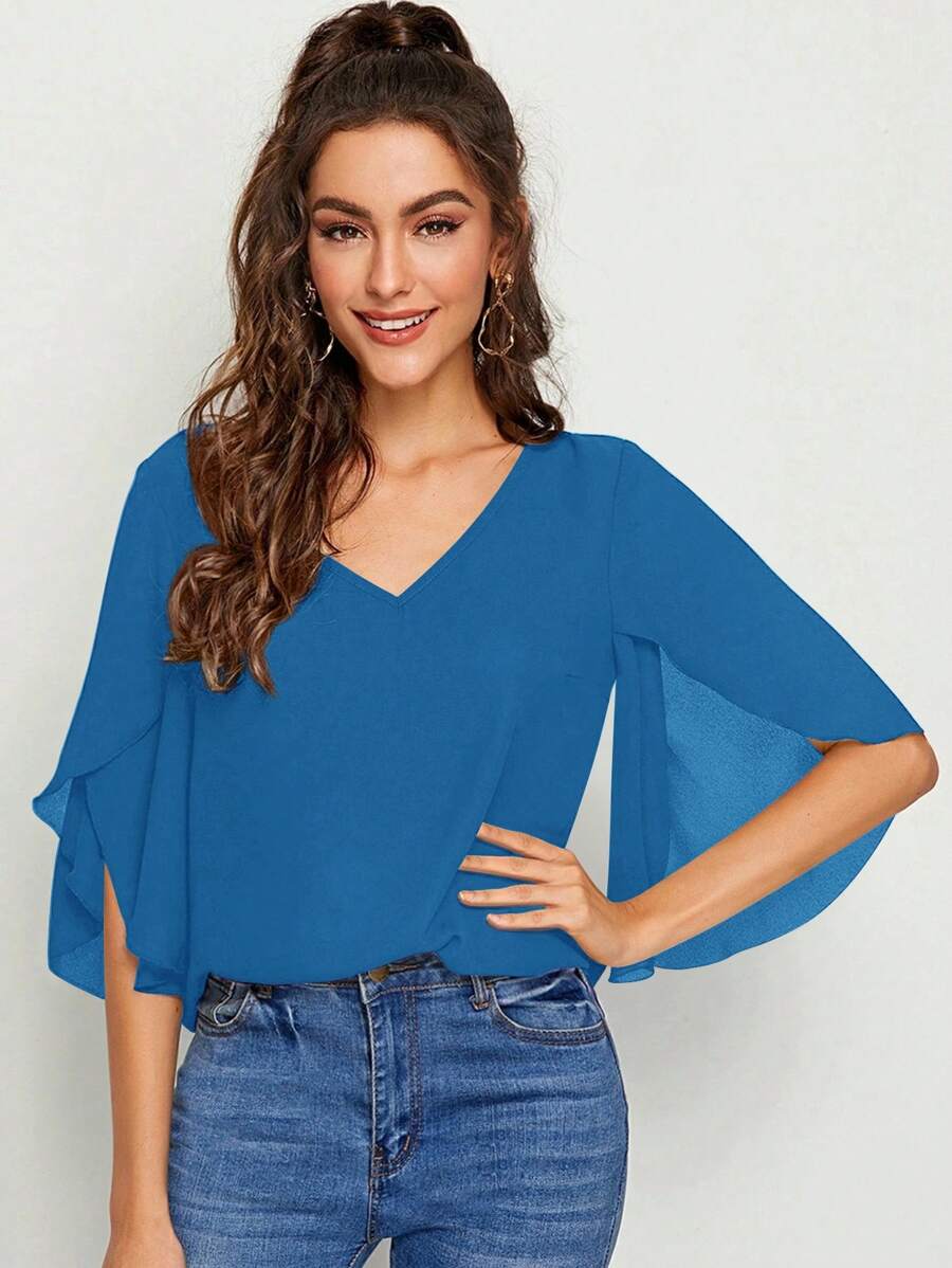 SHEIN Privé 開衩袖素色上衣 - 藍色 - 查看 1