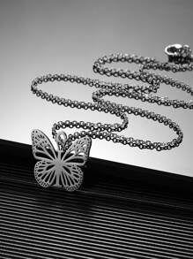 1入組時尚不銹鋼蝴蝶和字母吊墜項鏈適合女士日常裝飾 - 銀色 - 查看 9