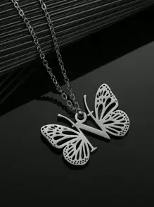 1入組時尚不銹鋼蝴蝶和字母吊墜項鏈適合女士日常裝飾 - 銀色 - 查看 12