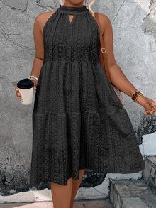 SHEIN Unity Vestido halter de cuello con abertura de ojo bajo con fruncido - Negro - Ver 6